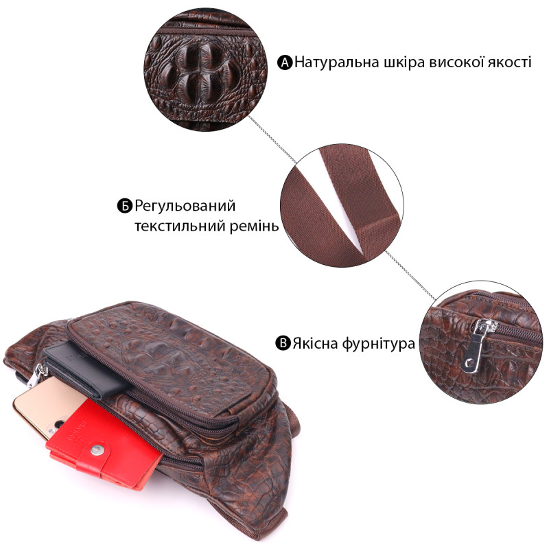 Модна поясна сумка з натуральної шкіри з фактурою під крокодила 21298 Vintage Коричнева