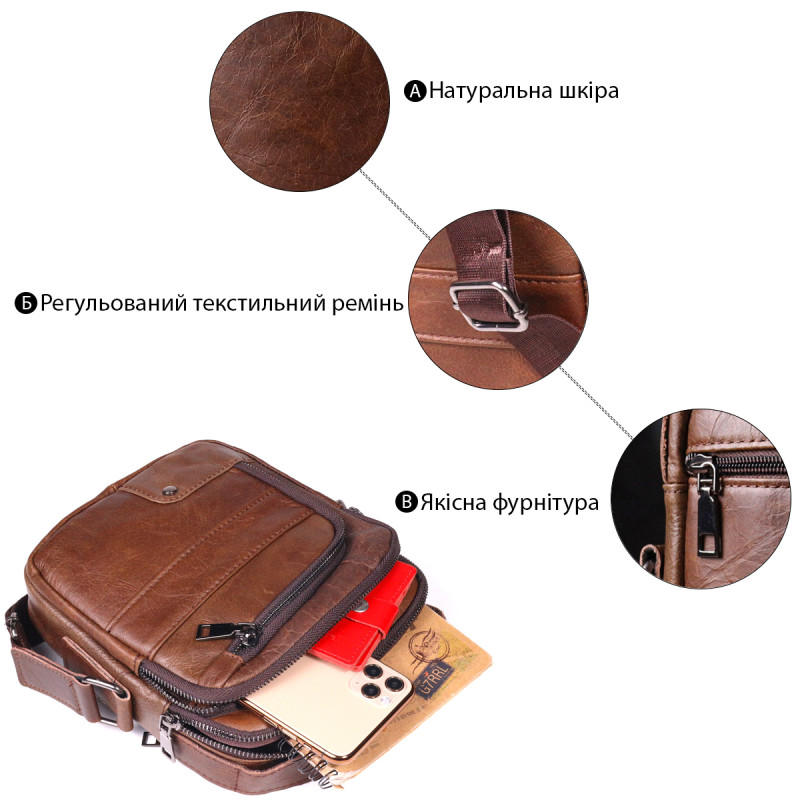 Зручна чоловіча сумка через плече з натуральної шкіри Vintage 21480 Світло-коричневий
